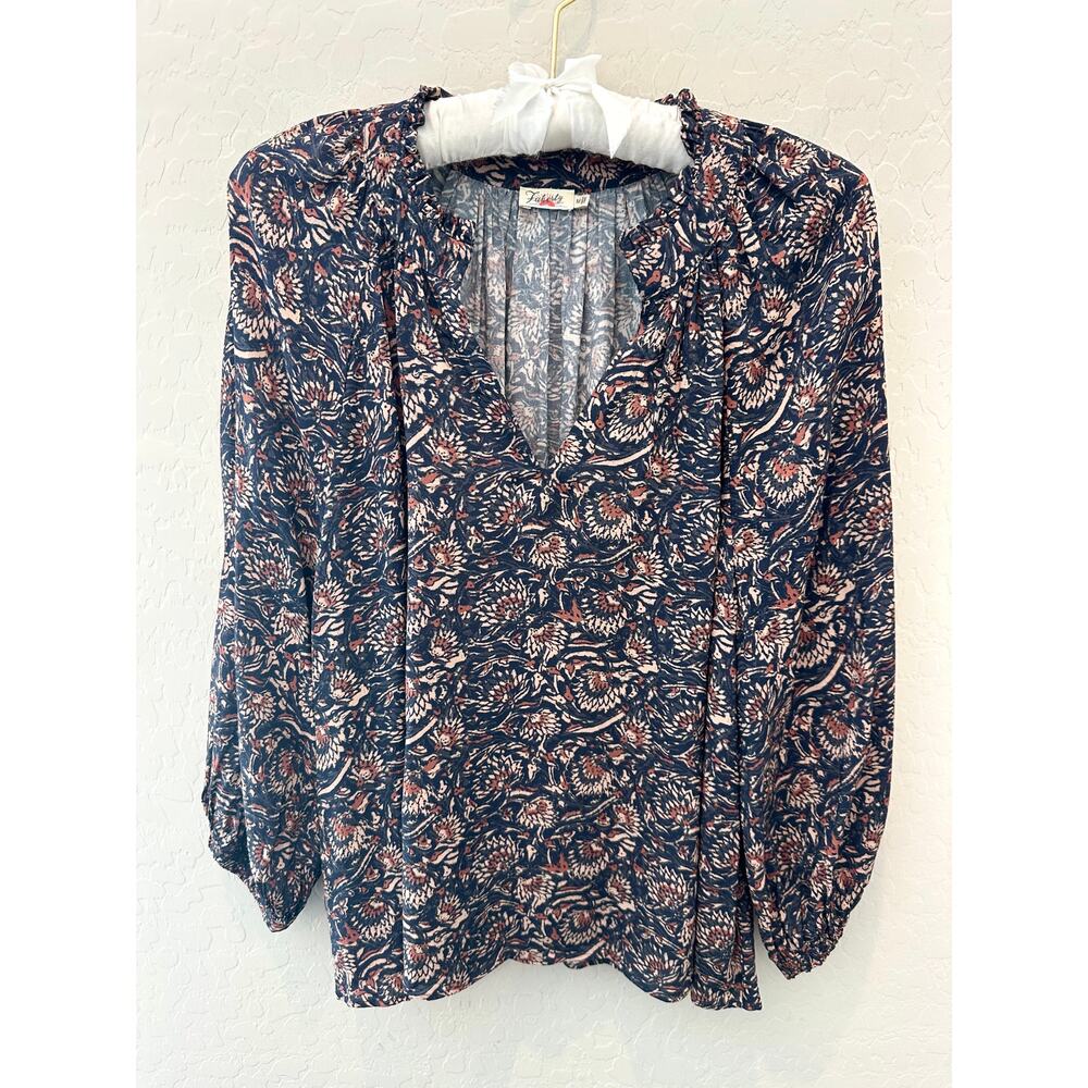 Faherty Portia Blouse Medium Blue Floral Ruffle Split Neck Balloon Sleeve Boho - Picture 2 of 7